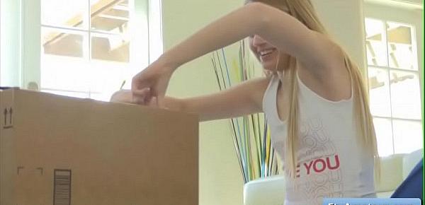  Cutie blonde teen Scarlett receive some massive dildos as a gift